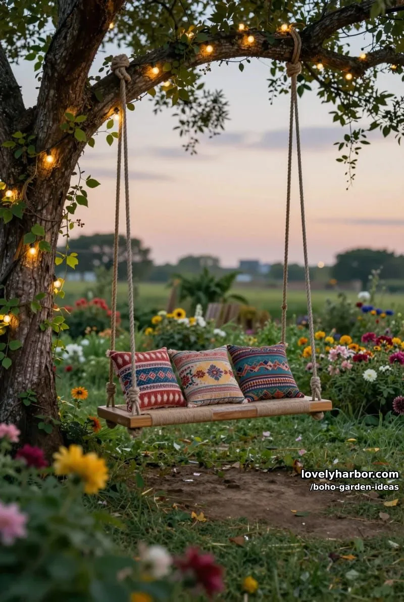 wooden swing with patterned cushions, string lights, and lush flowers. 1