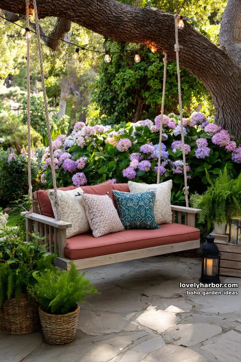 wooden swing with patterned cushions, string lights, and lush flowers. 1