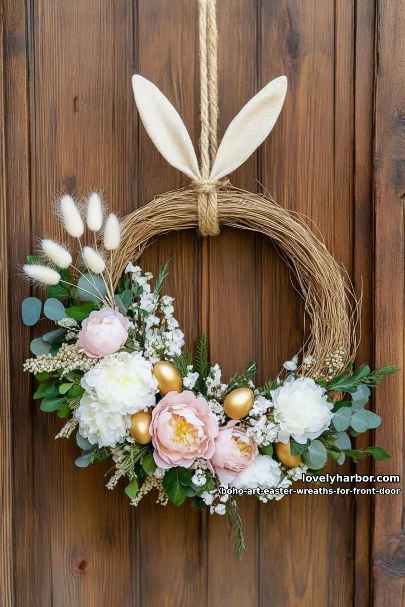 15 Boho Art Easter Wreaths for an Inviting Front Door 14 woven grapevine circle with pampas grass, bunny tail, and floral clusters 1