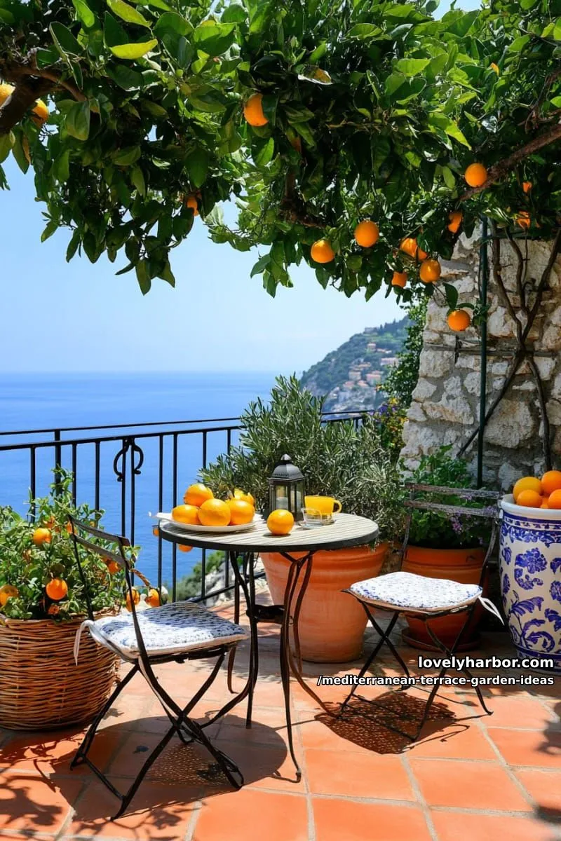 wrought iron bistro set surrounded by citrus trees in planters 1
