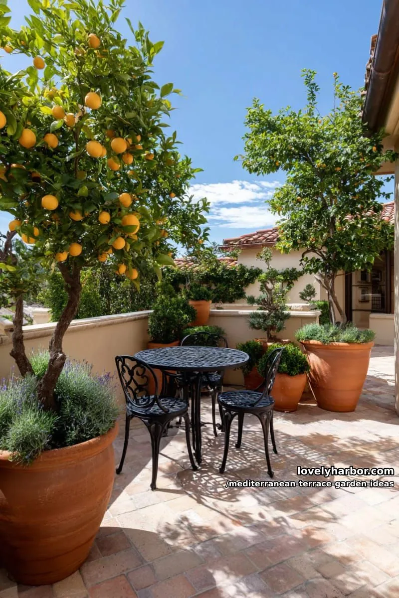 wrought iron bistro set surrounded by citrus trees in planters 1