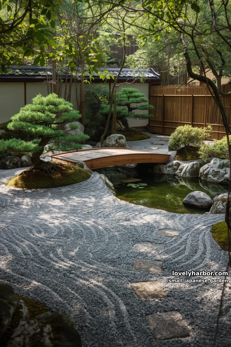 zen garden courtyard with raked gravel, bridge, bonsai pines, and pond 1