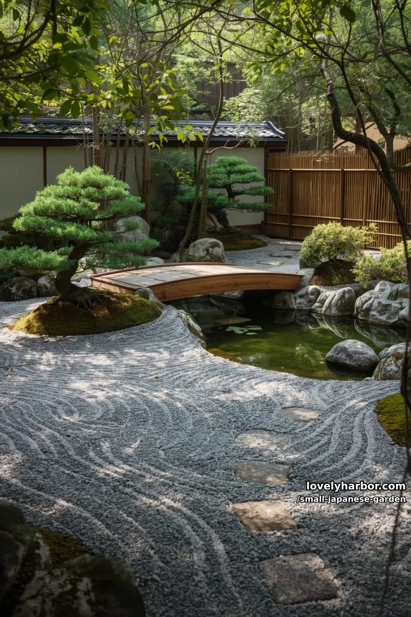 20 Small Japanese Garden Designs That Feel Like A Zen Retreat 27 zen garden courtyard with raked gravel, bridge, bonsai pines, and pond 1