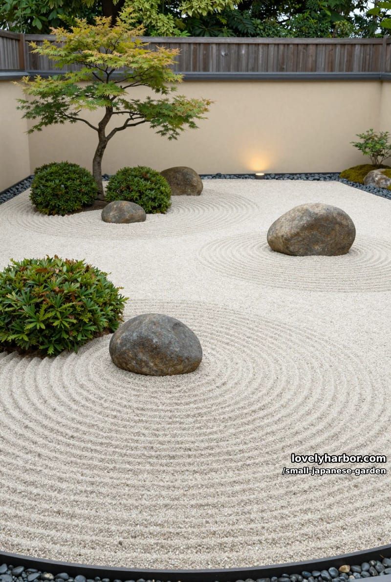 zen garden with raked gravel, rounded stones, and soft ground lighting 1