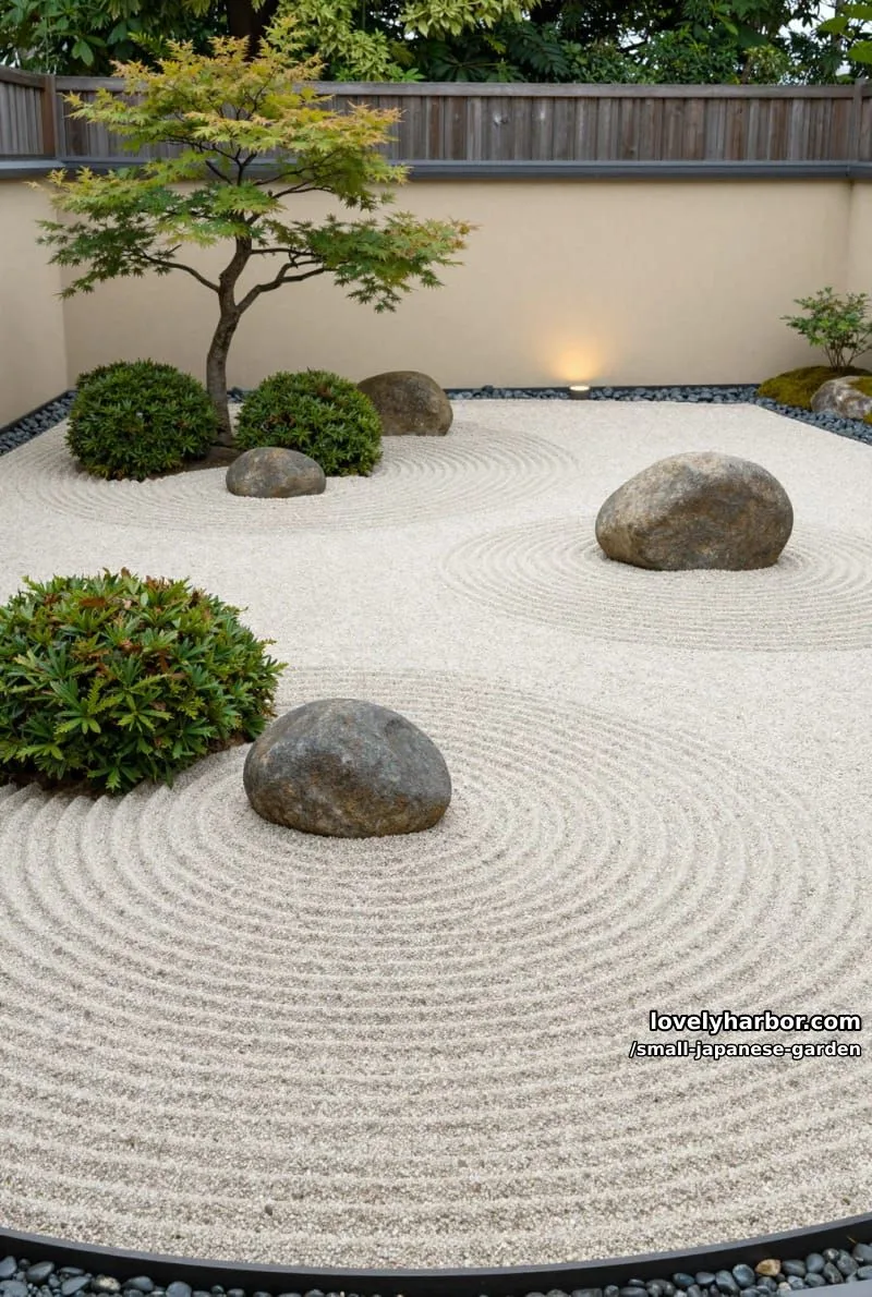 20 Small Japanese Garden Designs That Feel Like A Zen Retreat 10 zen garden with raked gravel, rounded stones, and soft ground lighting 1