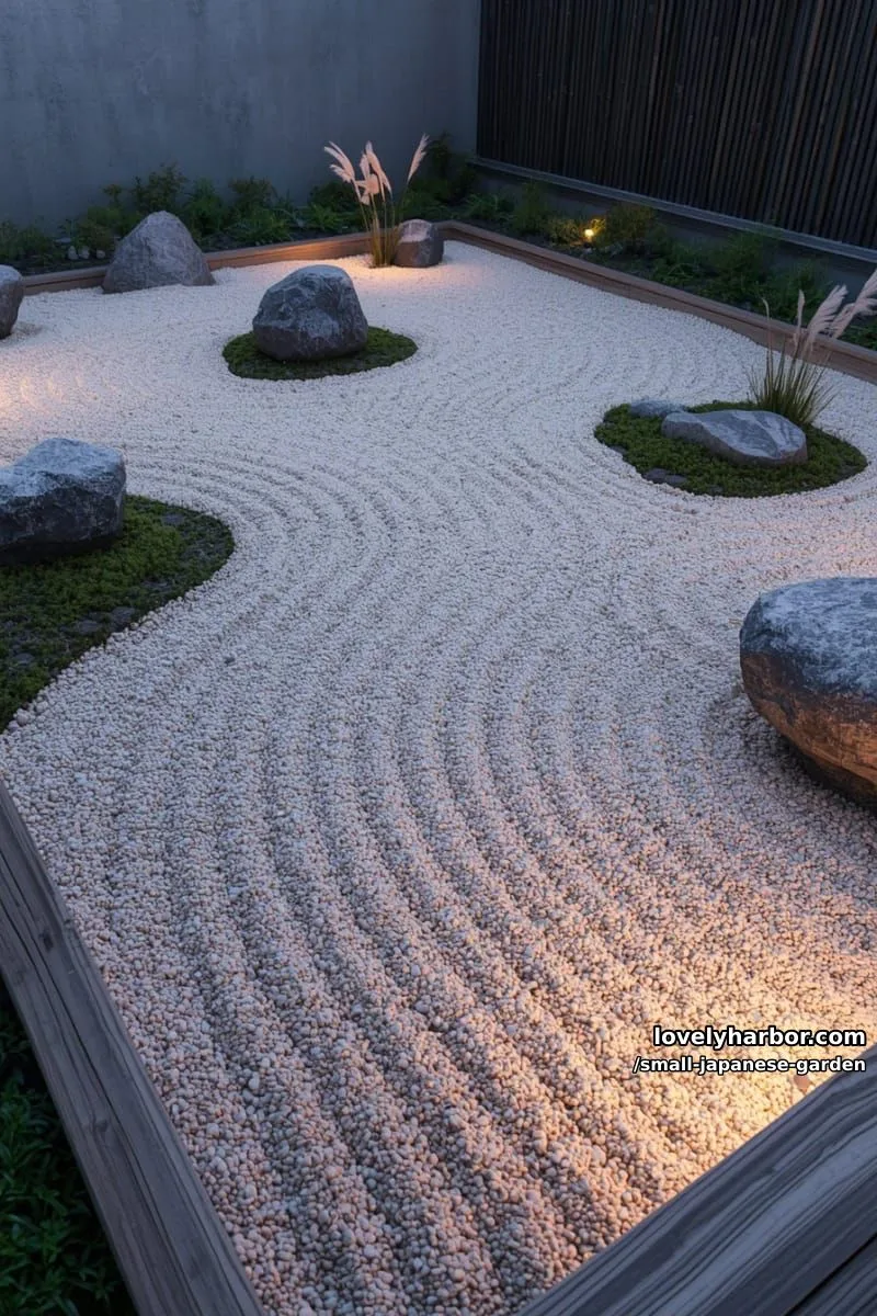20 Small Japanese Garden Designs That Feel Like A Zen Retreat 11 zen garden with raked gravel, rounded stones, and soft ground lighting 1