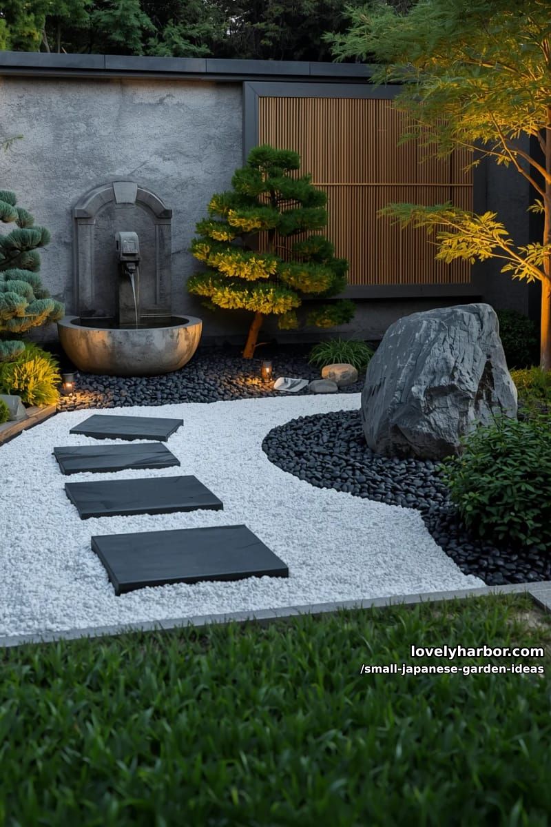 zen garden with white gravel, stepping stones, bamboo water spout, and maple tree. 1