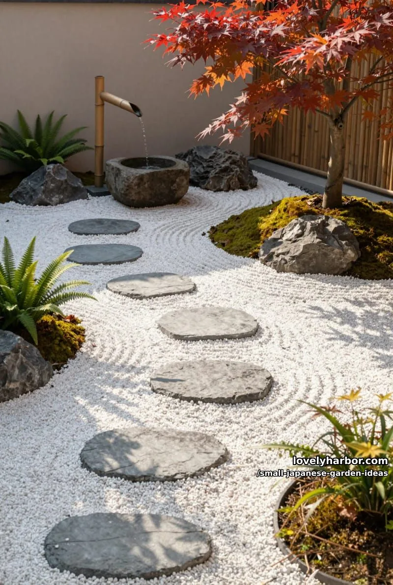 zen garden with white gravel, stepping stones, bamboo water spout, and maple tree. 1