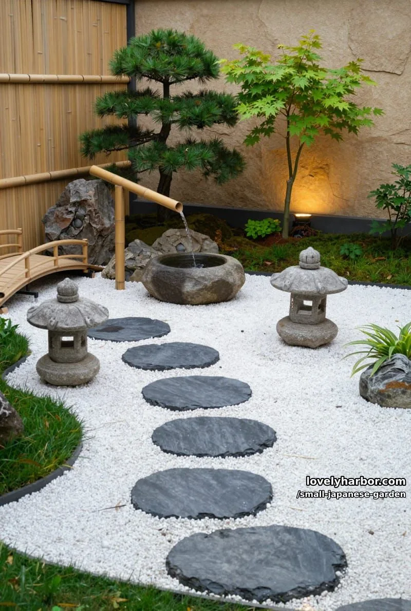 20 Small Japanese Garden Designs That Feel Like A Zen Retreat 29 zen garden with white gravel, stepping stones, bamboo spout, and pine tree 1