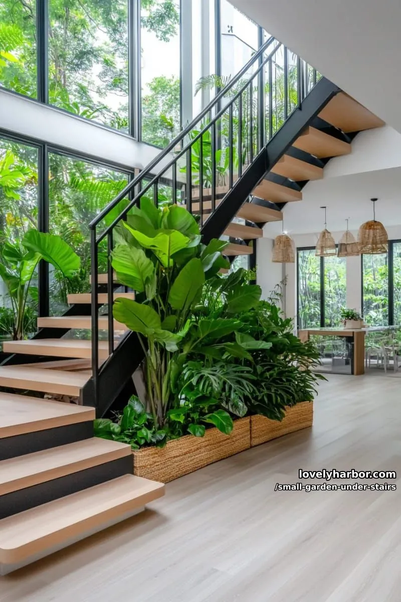 zigzag staircase with built-in planter of large-leafed tropical plants. 1