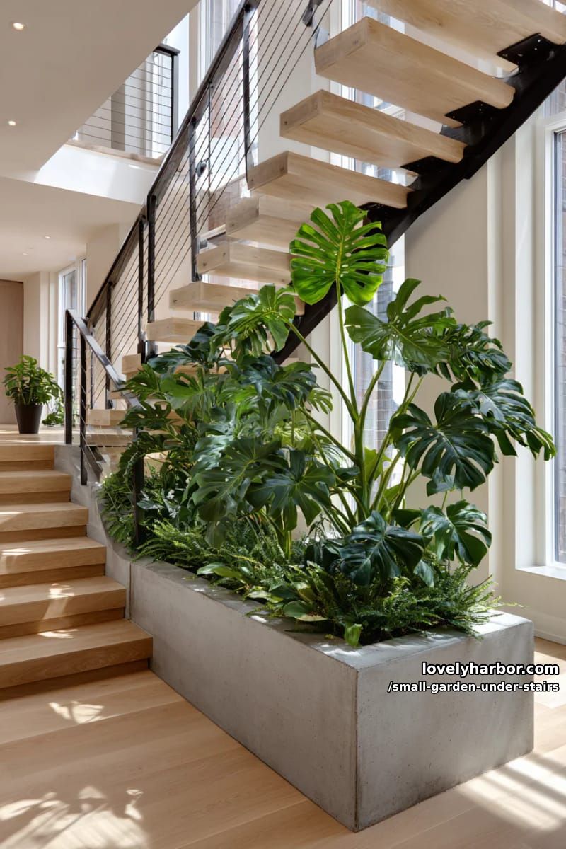 zigzag staircase with built-in planter of large-leafed tropical plants. 1