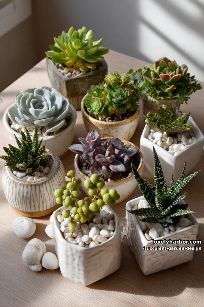 a collection of nine different succulent plant varieties on ceramic planters. 1