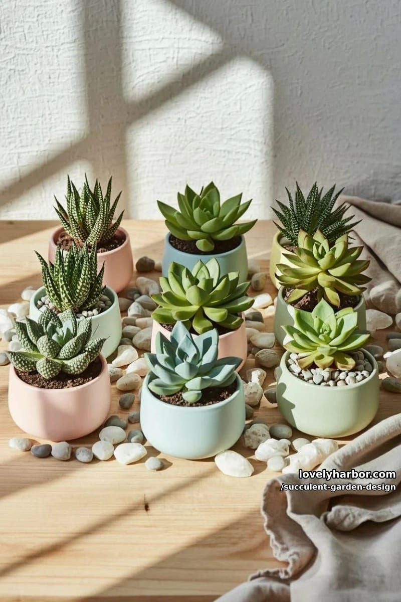 a collection of nine different succulent plant varieties on ceramic planters. 1