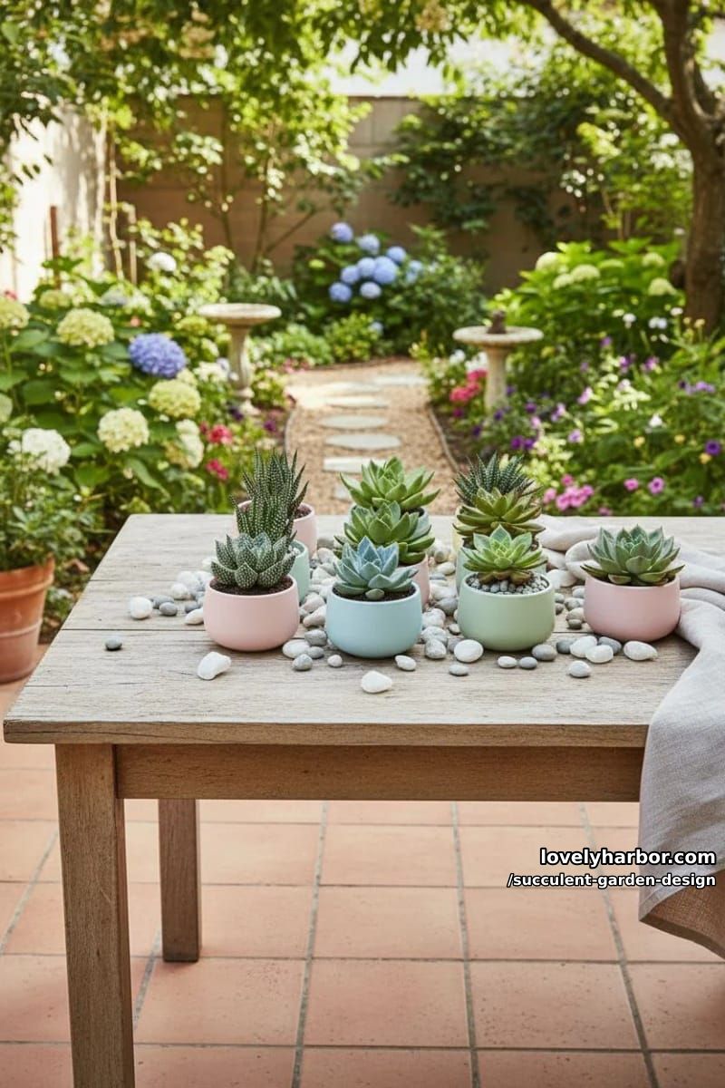 a collection of nine different succulent plant varieties on ceramic planters. 1