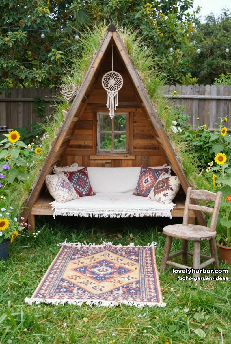 a-frame garden nook with wood bench, patterned cushions, and string lights. 1
