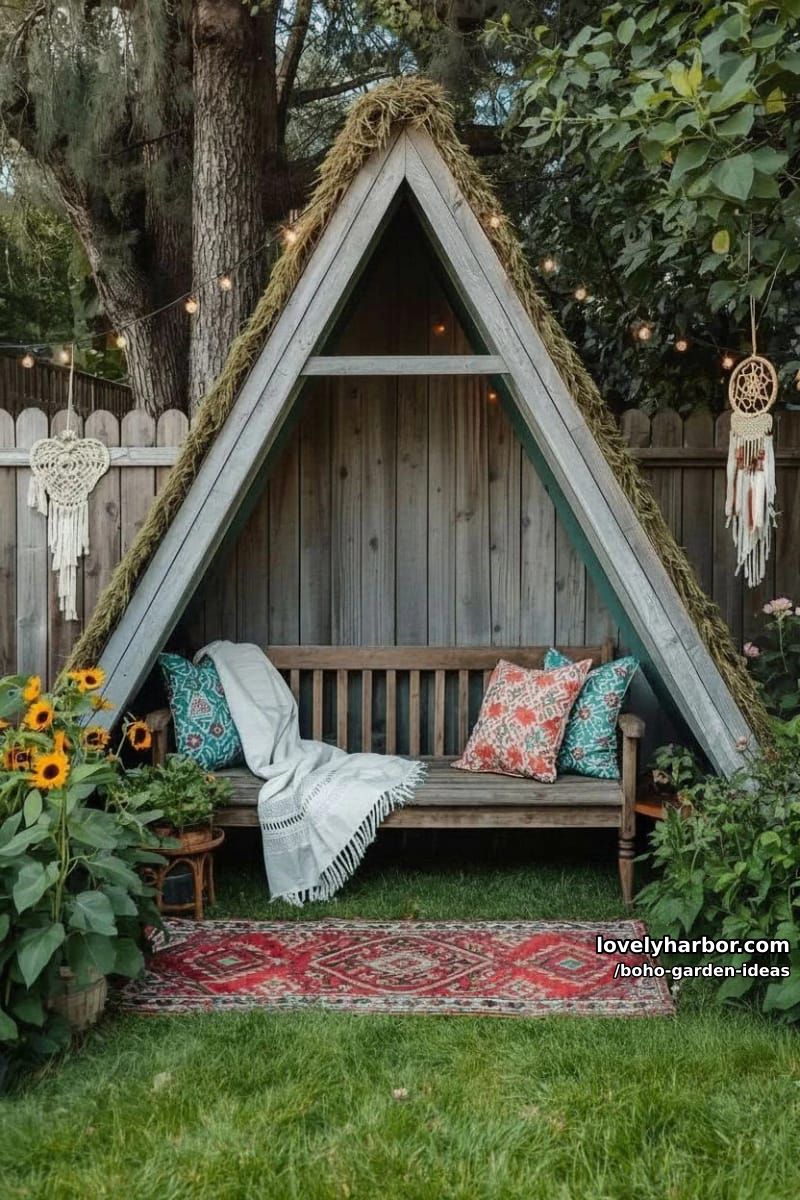a-frame garden nook with wood bench, patterned cushions, and string lights. 1