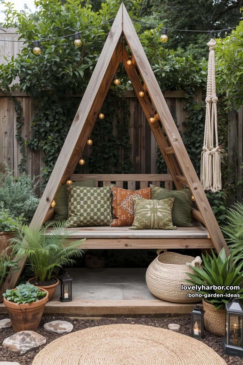 a-frame garden nook with wood bench, patterned cushions, and string lights. 34