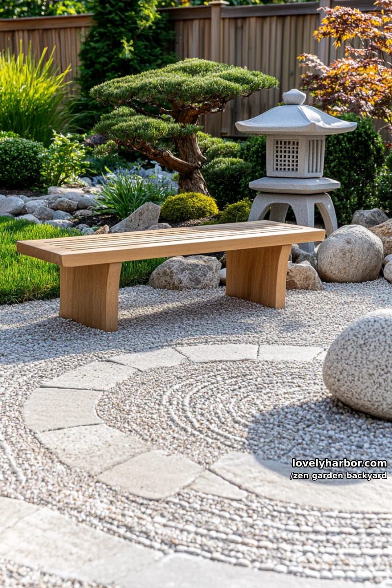 a small zen garden with raked gravel, rocks, and bonsai trees. 1
