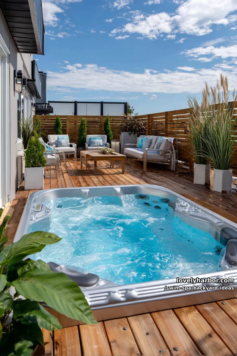 above-ground swim spa with metallic panels and spacious deck seating. 1