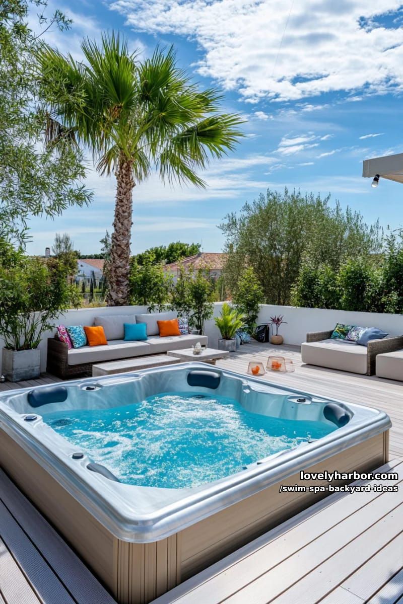above-ground swim spa with metallic panels and spacious deck seating. 1