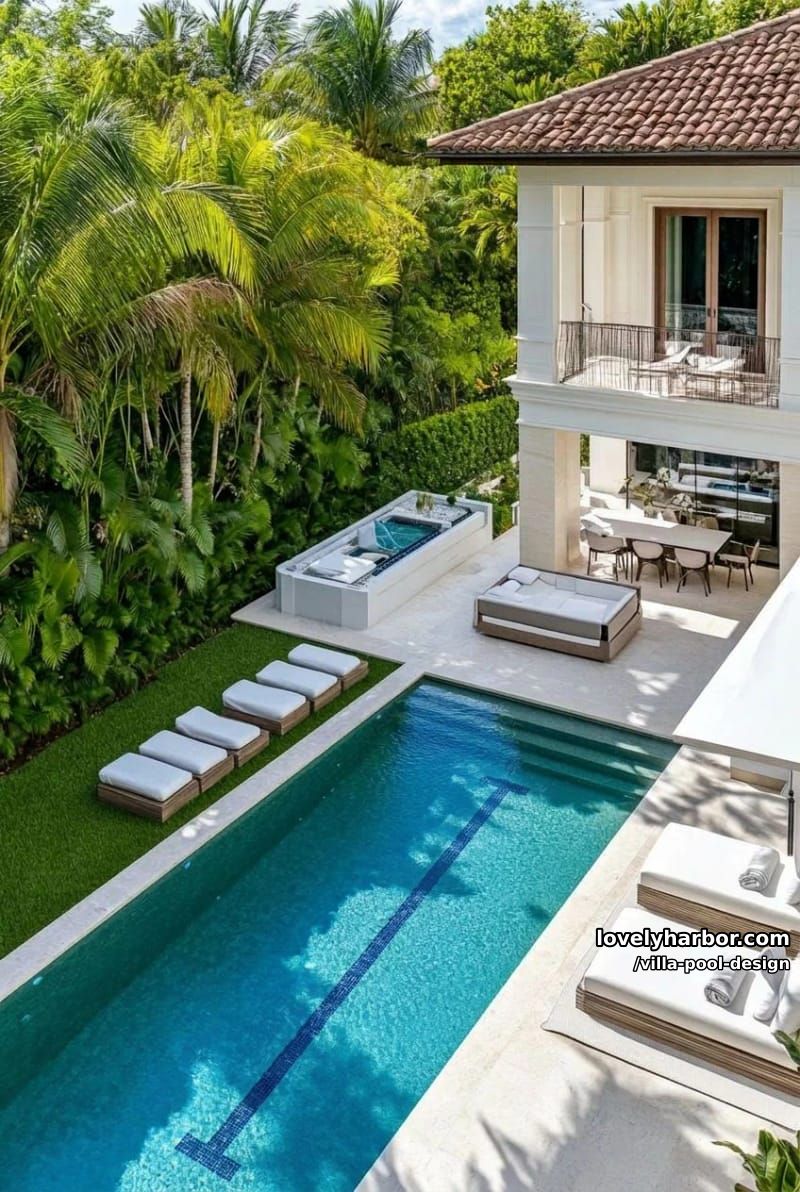 aerial view of rectangular pool, lush landscaping, daybed, lap lane, and geometric design. 1