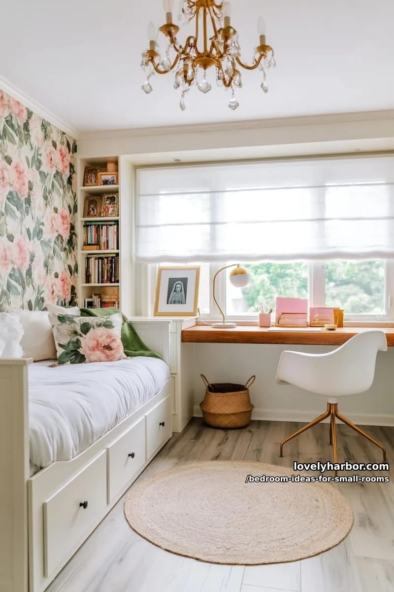 23 Unique Bedroom Ideas for Small Rooms 11 airy bedroom and study with floral wallpaper and built-in desk. 1