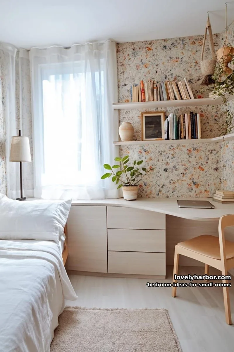 23 Unique Bedroom Ideas for Small Rooms 12 airy bedroom and study with floral wallpaper and built-in desk. 1