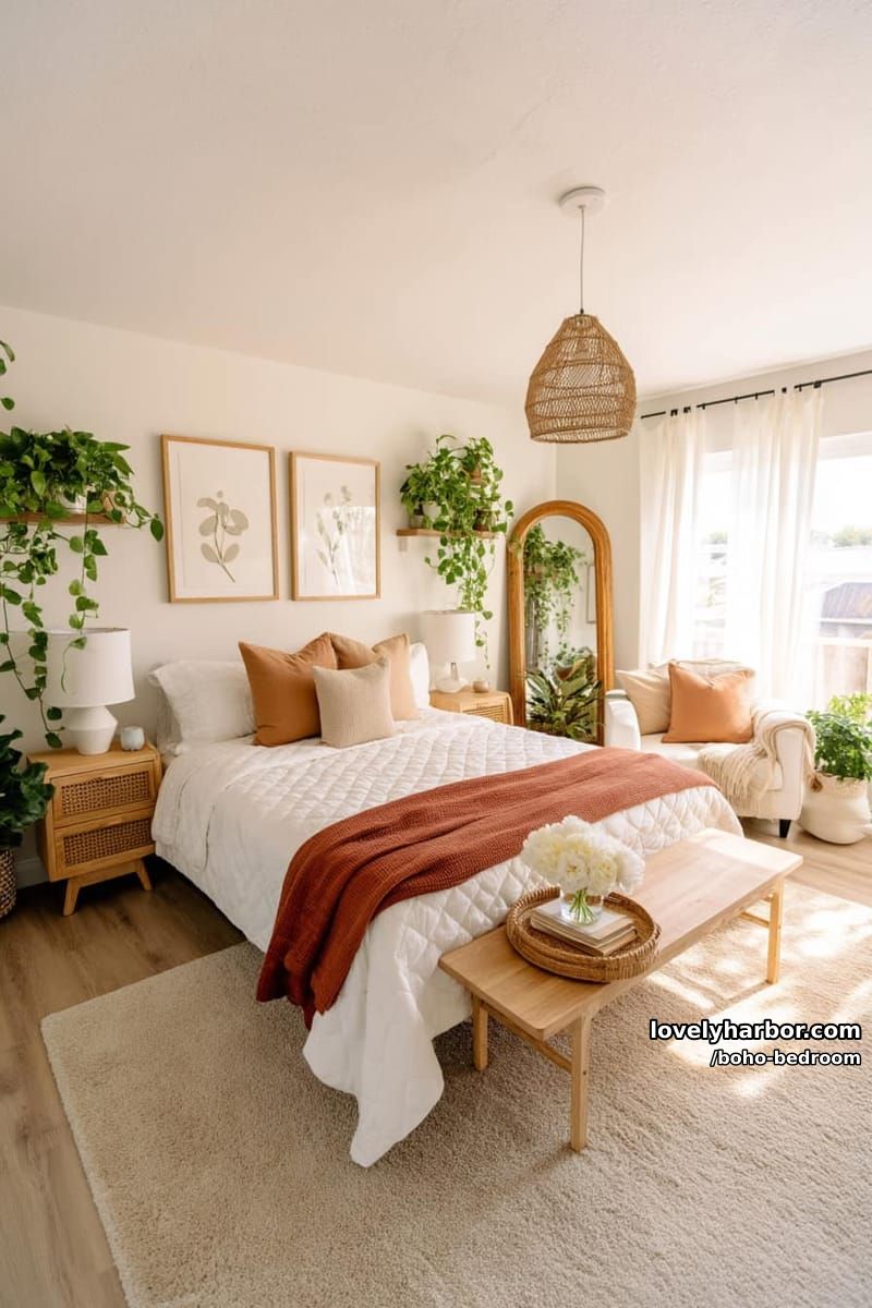 airy bedroom with beige accents, green plants, and rattan decor elements. 1