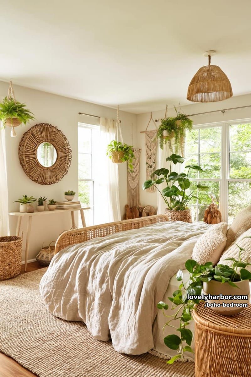 airy bedroom with beige accents, green plants, and rattan decor elements. 1