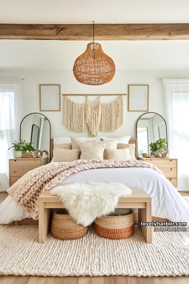 airy boho bedroom with layered throws, macrame, and natural wooden accents. 1