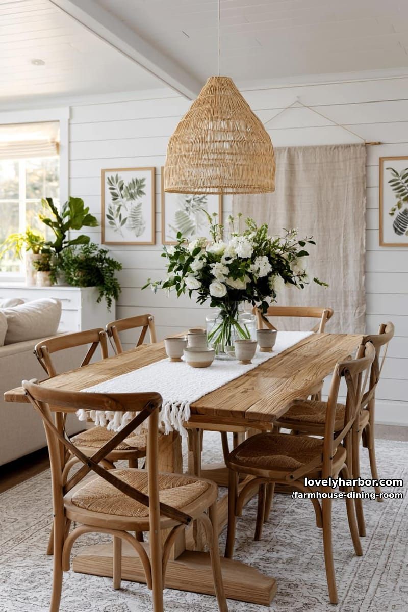 airy dining room with rustic table, curved chairs, pale pendant, floral centerpiece, wall art. 1