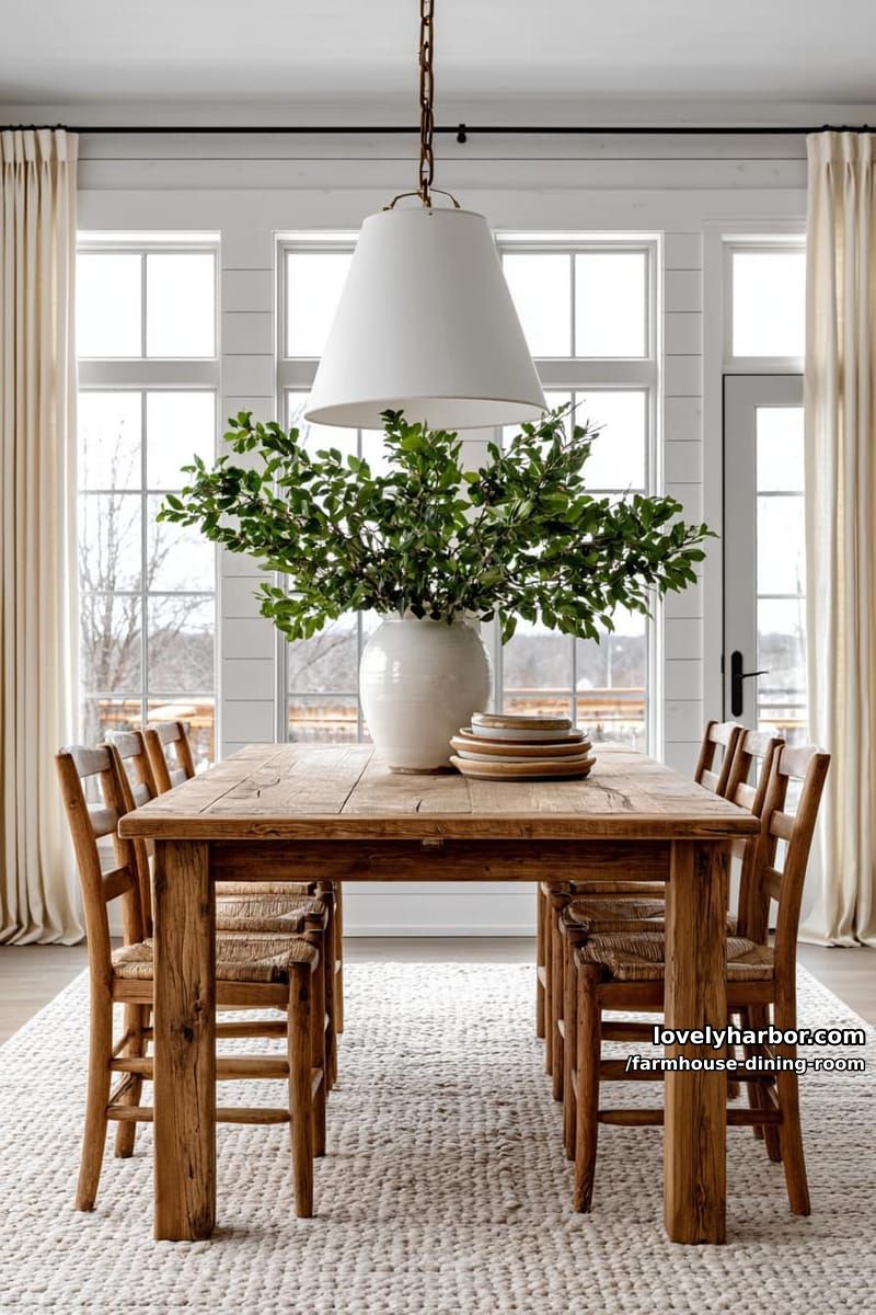 airy dining room with rustic table, woven chairs, white vase centerpiece, conical pendant light. 1