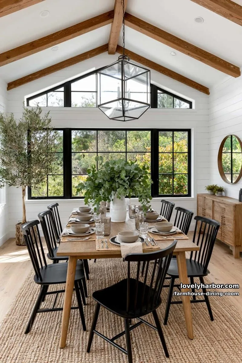 44 Rustic Farmhouse Dining Rooms to Inspire Your Space 4 airy dining room with shiplap walls, black windows, wooden table, geometric pendant light. 1