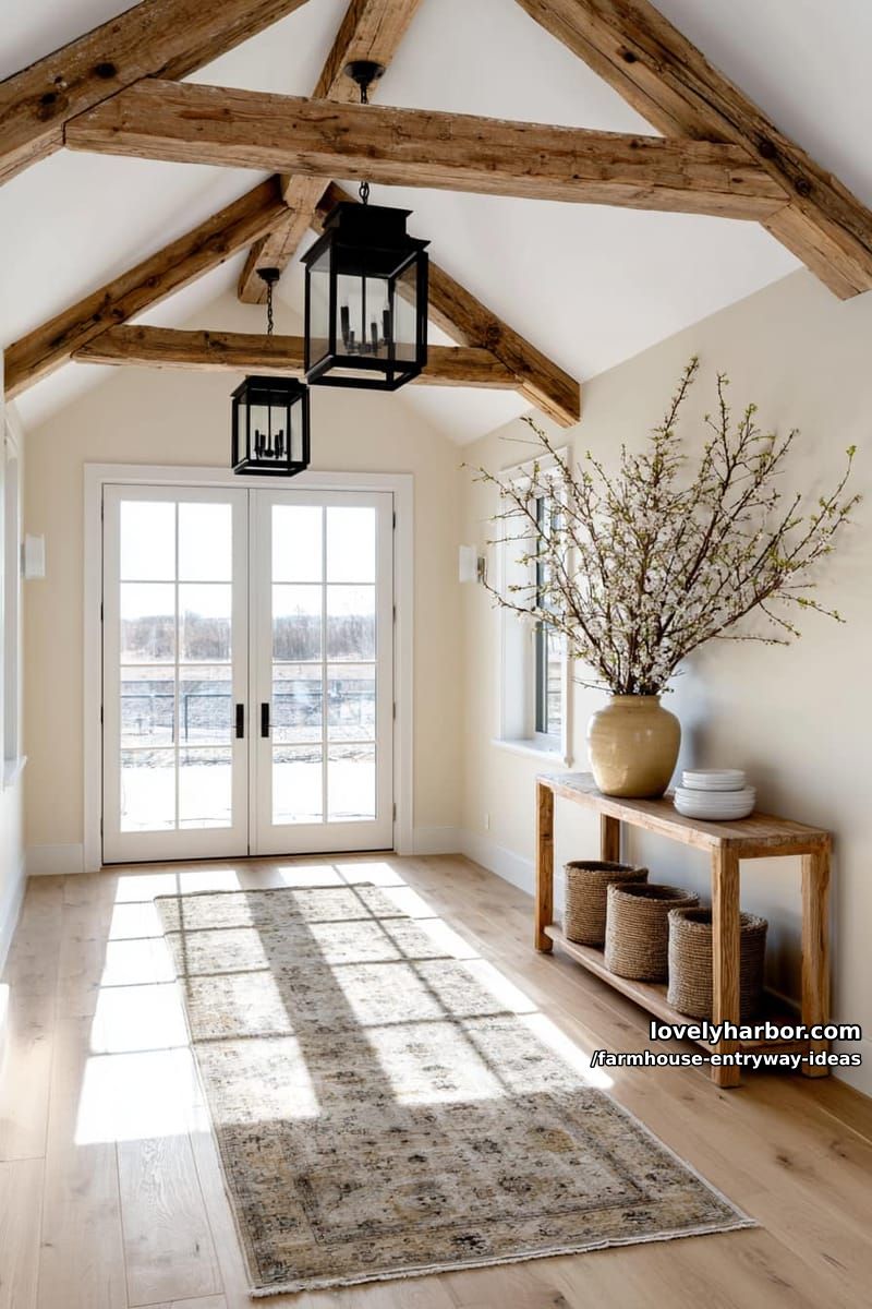 airy entryway with vaulted ceiling, double glass doors, and minimalist decor. 1