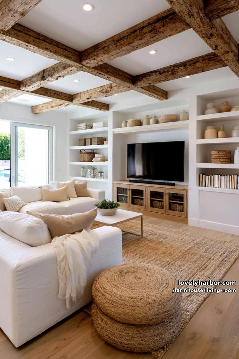 airy living room with natural light, rustic beams, white sectional, and neutral decor. 1