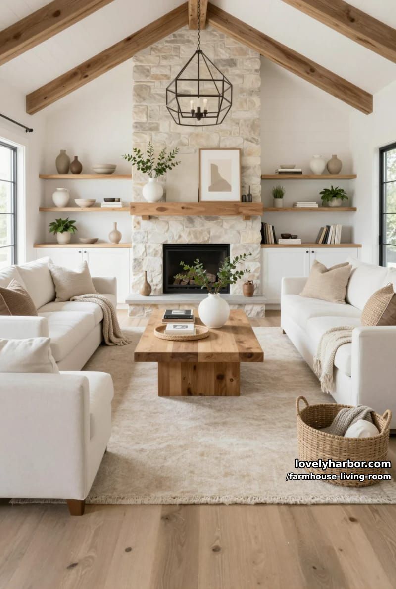 airy living room with wood beams, stone fireplace, l-shaped sofas, and built-in shelves. 1
