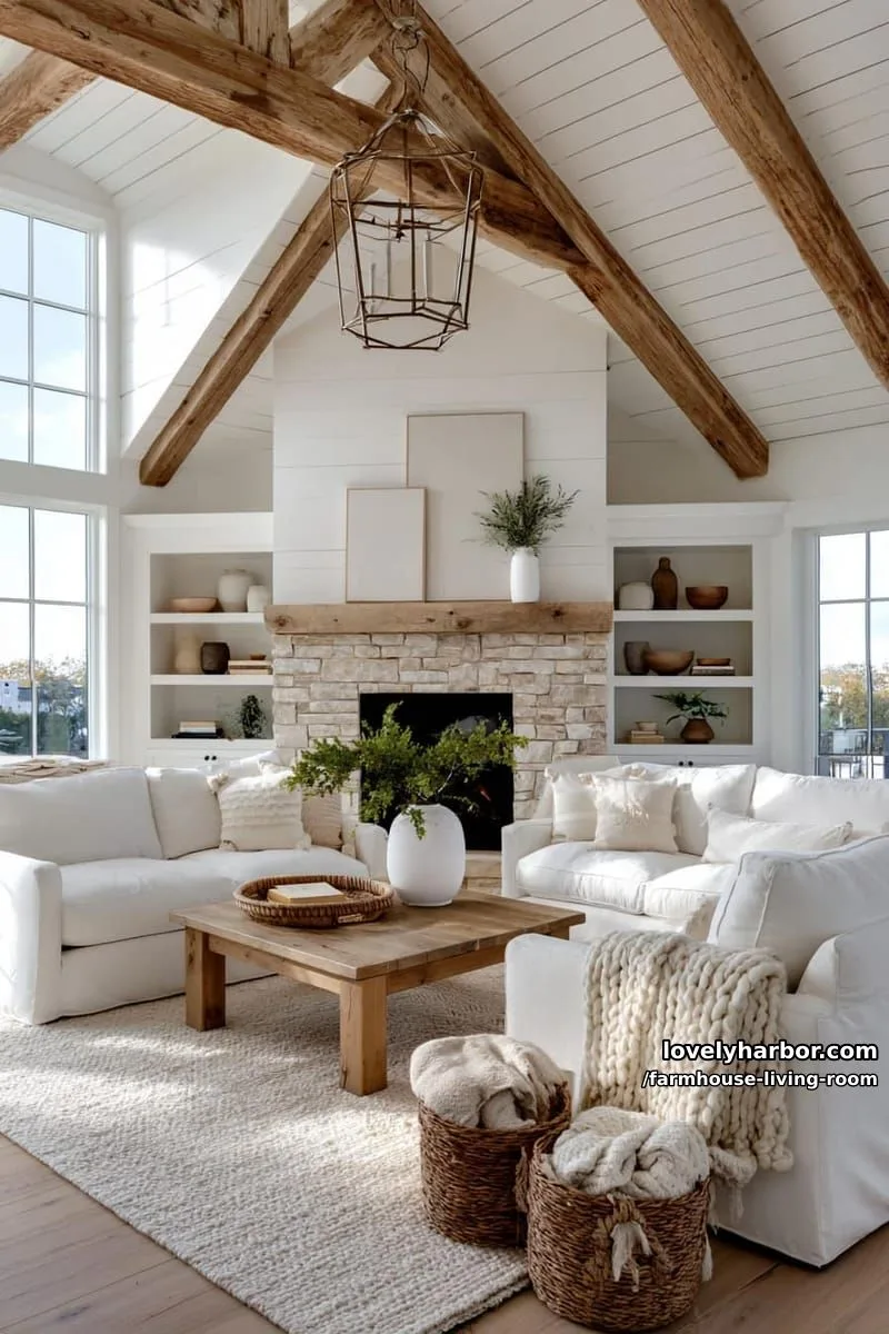 airy living room with wood beams, stone fireplace, l-shaped sofas, and built-in shelves. 1