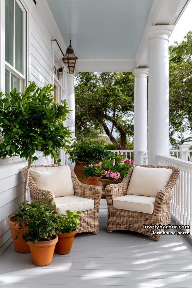 airy porch with white siding, blue ceiling, wicker chairs, and blooming pots. 1