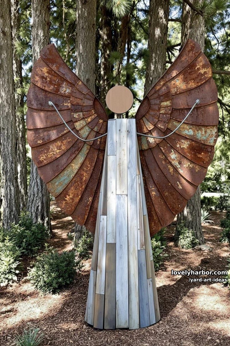 angel sculpture from repurposed wood and metal in a pine garden. 1