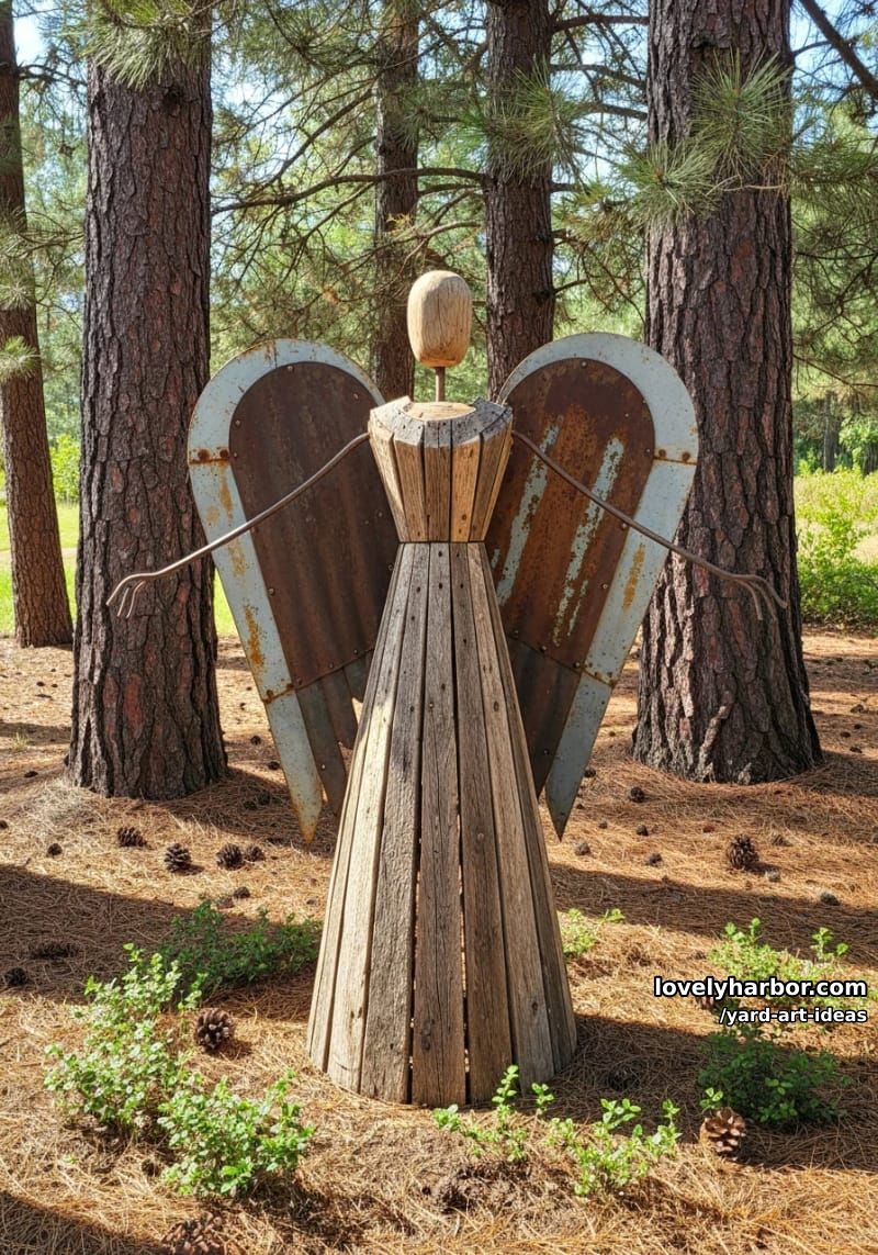 angel sculpture from repurposed wood and metal in a pine garden. 1