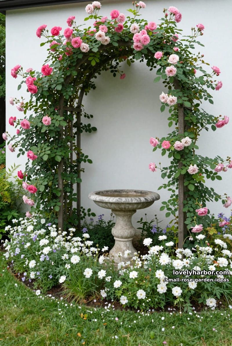 arched trellis with pink roses and stone birdbath by a white wall. 1