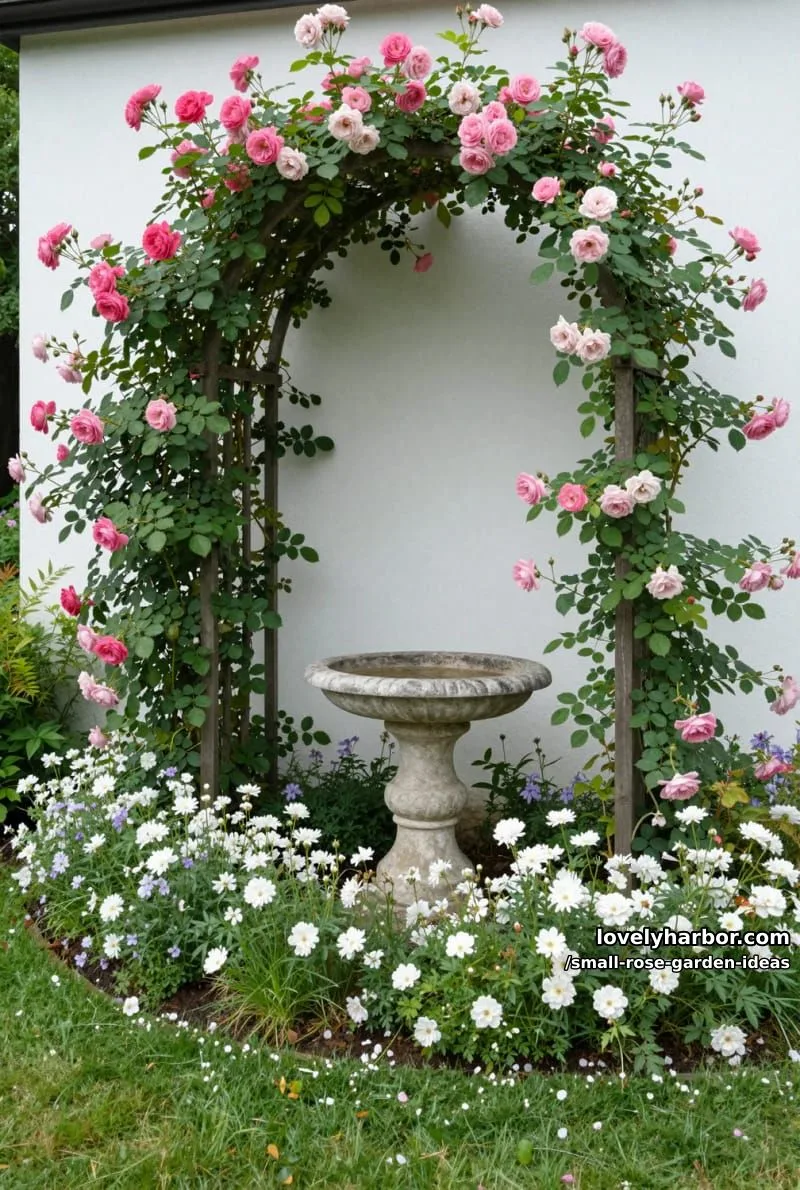 20 Chic Small Rose Garden Ideas for a Refreshing Outdoor Space 45 arched trellis with pink roses and stone birdbath by a white wall. 1