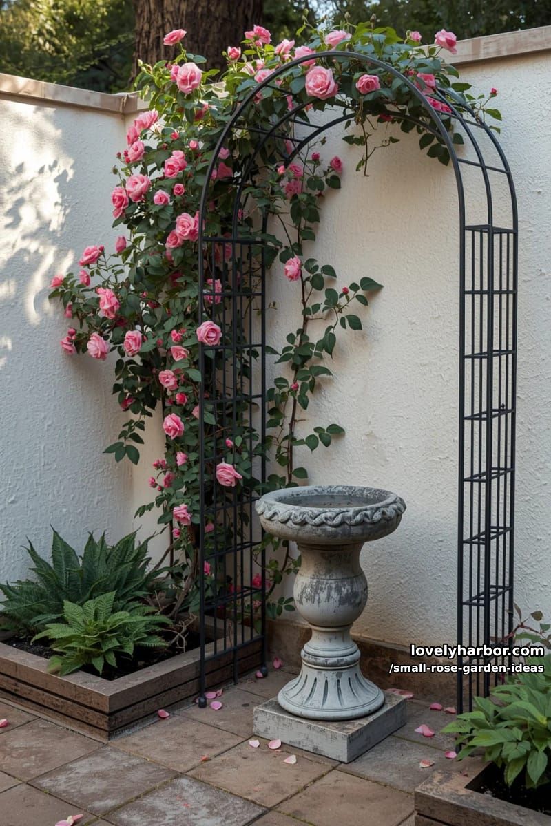 arched trellis with pink roses and stone birdbath by a white wall. 1