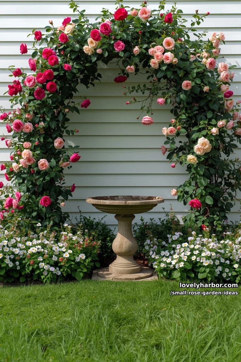 arched trellis with pink roses and stone birdbath by a white wall. 1