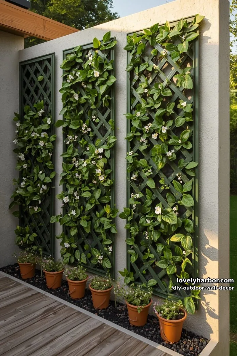 20 Easy DIY Outdoor Wall Decor Ideas You'll Love 25 artificial foliage on green lattice panels for diy garden wall 1
