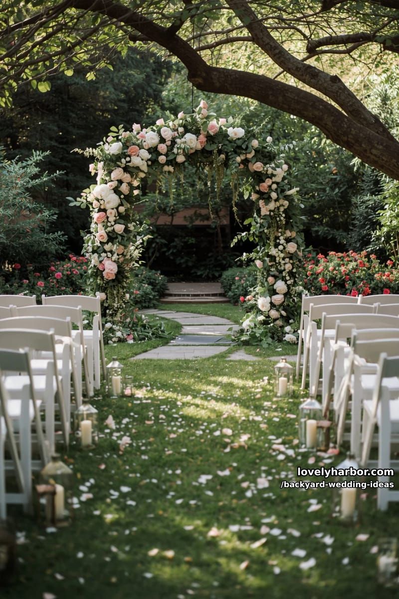 backyard garden wedding setting with flower arch and elegant seating. 1