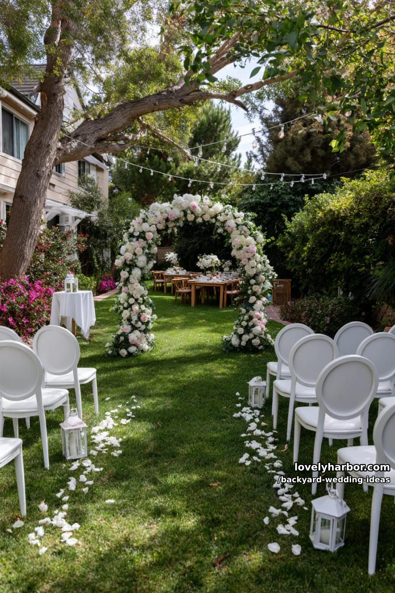 backyard garden wedding setting with flower arch and elegant seating. 1