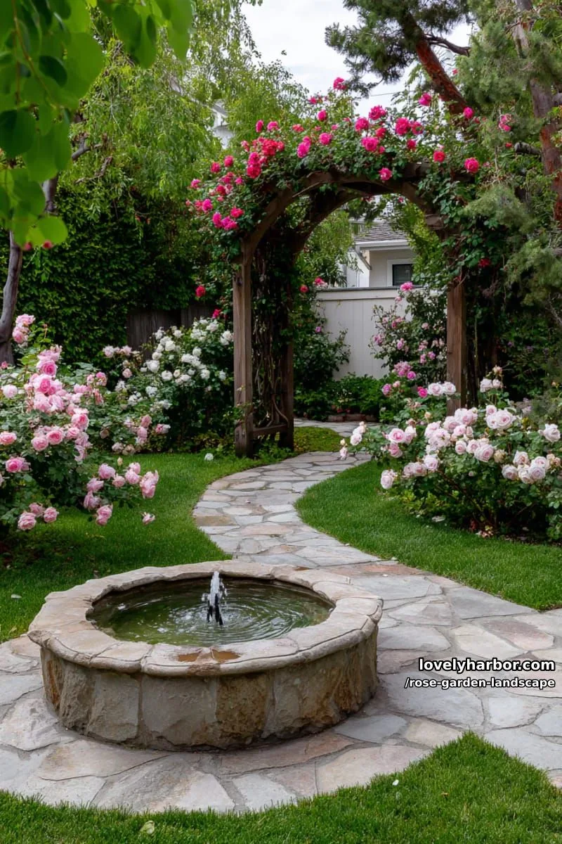 backyard garden with blooming rose bushes, stone paths, arbor, and fountain. 1