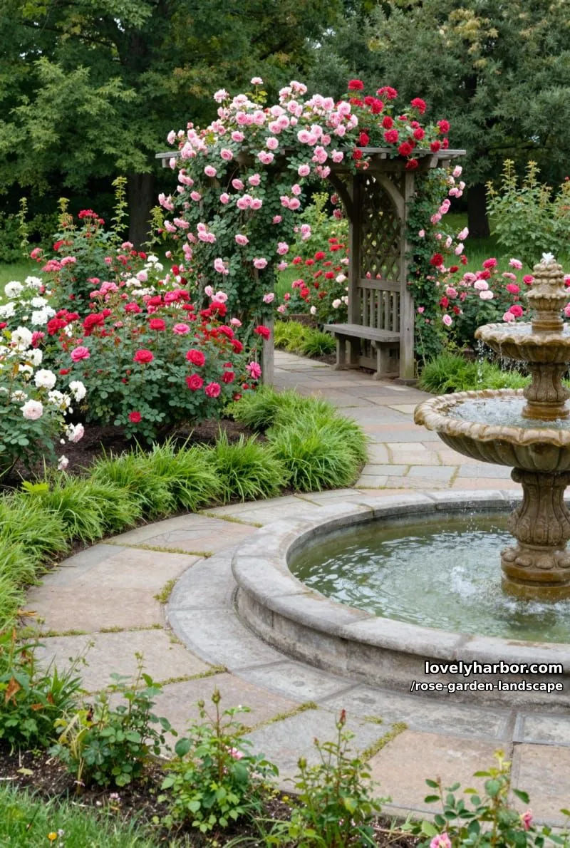 backyard garden with blooming rose bushes, stone paths, arbor, and fountain. 1