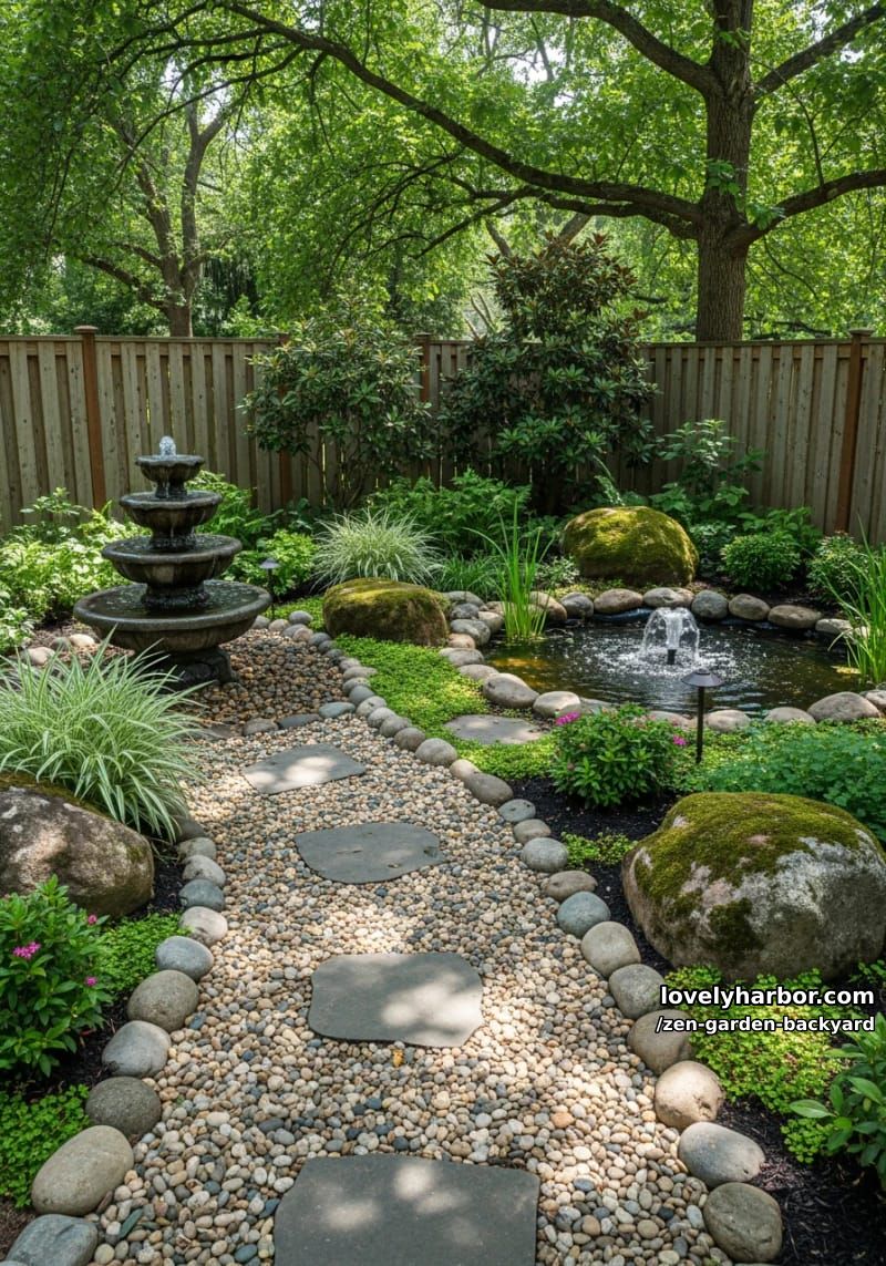 backyard garden with pebble pathway, water fountain, and circular pond. 1